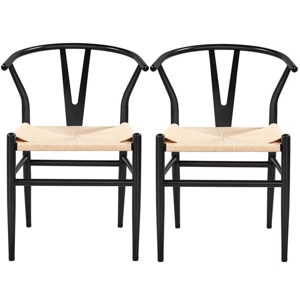 Alden Design Mid-Century Metal Dining Chairs with Woven Hemp Seat, Set of 2, Black - Walmart.com | Walmart (US)