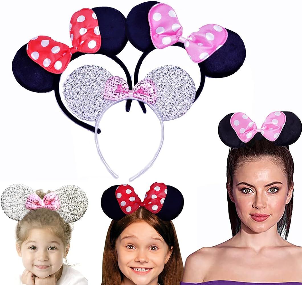 3 Minnie Girl Mouse Black Ears w/Red & Pink Bow. | Amazon (US)