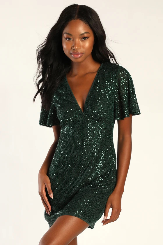 Shiny Sensation Emerald Green Sequin Flutter Sleeve Mini Dress | Lulus (US)