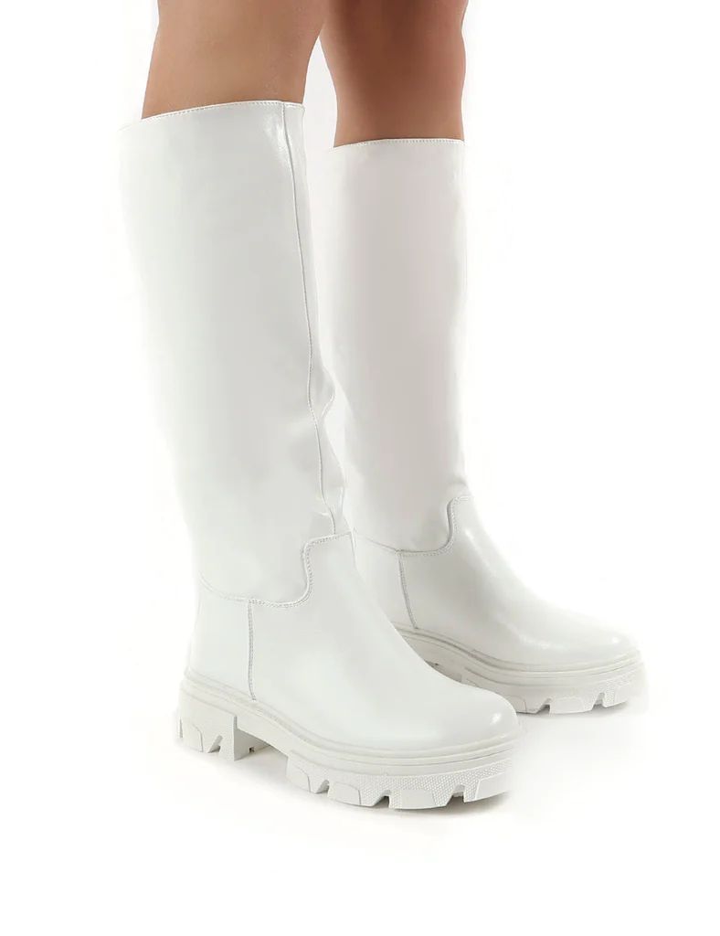 Sabrina White Knee High Chunky Sole Boots | Public Desire (US & CA)