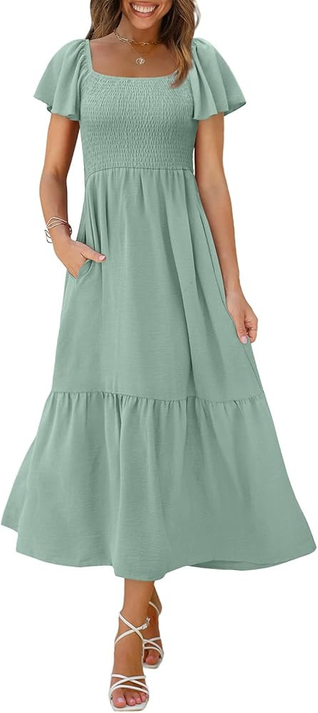 OFEEFAN Summer Dresses for Women Square Neck Ruffle Sleeve Smocked Maxi Dress with Pockets | Amazon (US)