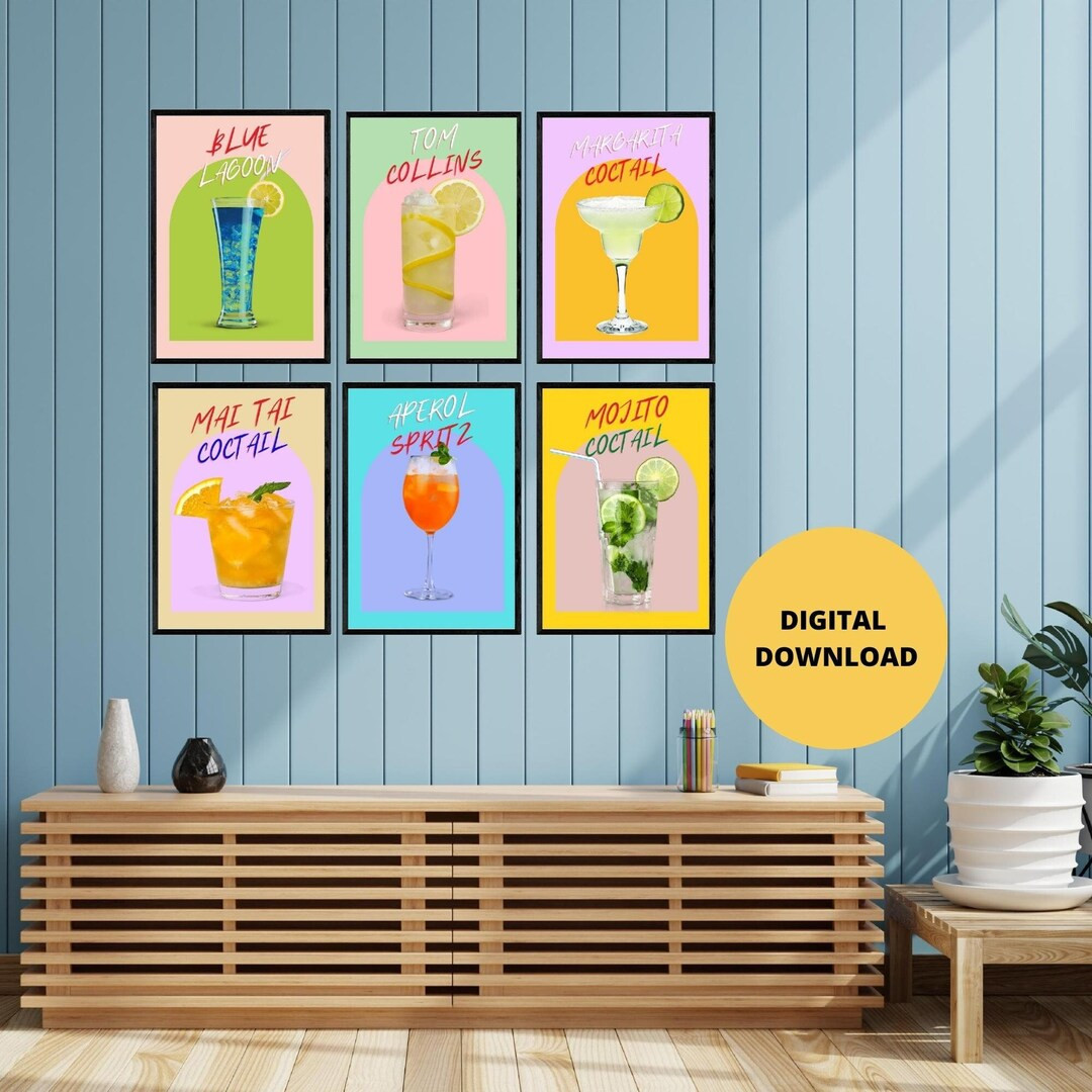 Bar Printable Set of 6 Coctail Print Art Colorful Cart - Etsy | Etsy (US)