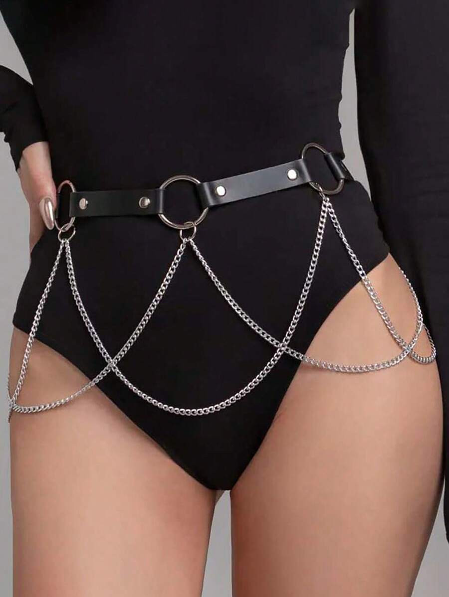1pc Women Gothic Style All-Match Adjustable Triple Chain Black Waist Belt For Daily Wear Harness | SHEIN