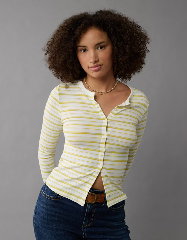 AE Long-Sleeve Button-Up T-Shirt | American Eagle Outfitters (US & CA)