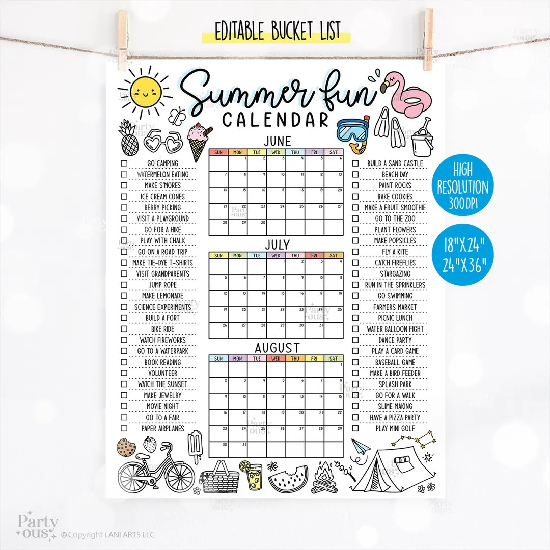 2026 Editable Summer Calendar Poster Summer Fun Bucket List Family Planner Checklist Printable Te... | Etsy (Global)