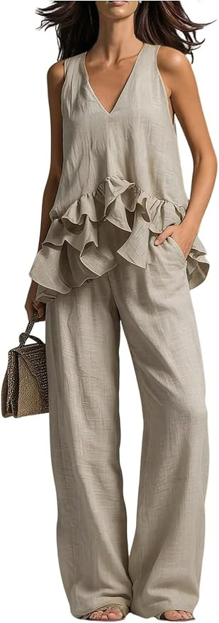 Verdusa Women's Two Piece Summer Sets Ruffle Tank Top and Pants with Pocket | Amazon (US)
