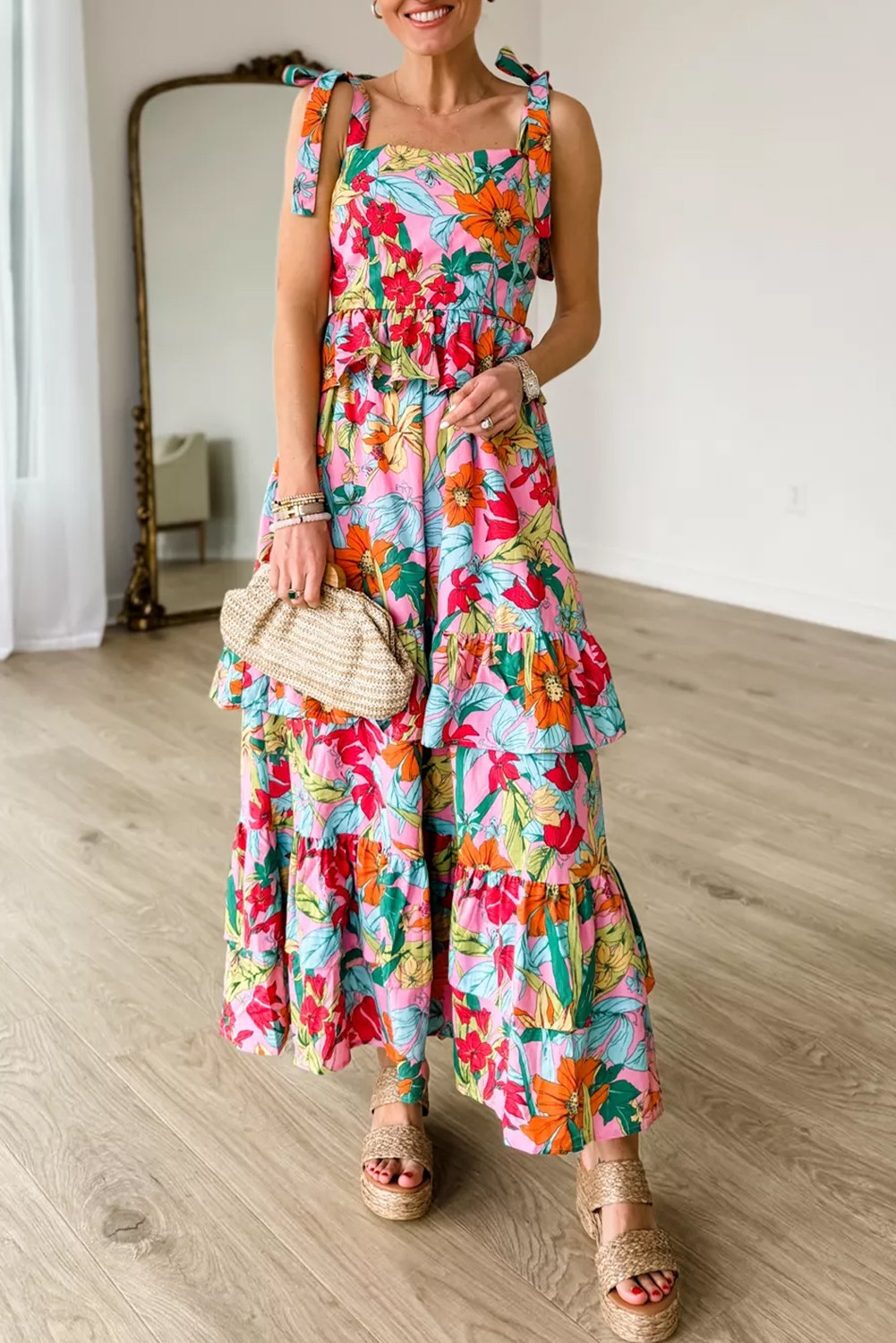 Multicolour Boho Floral Print Knot Strap Ruffle Layered Maxi Dress | Shewin