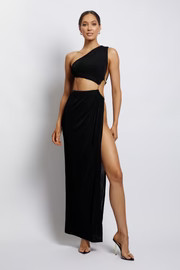 Paige Ruched Side Cut Out Maxi Dress - Black | MESHKI US