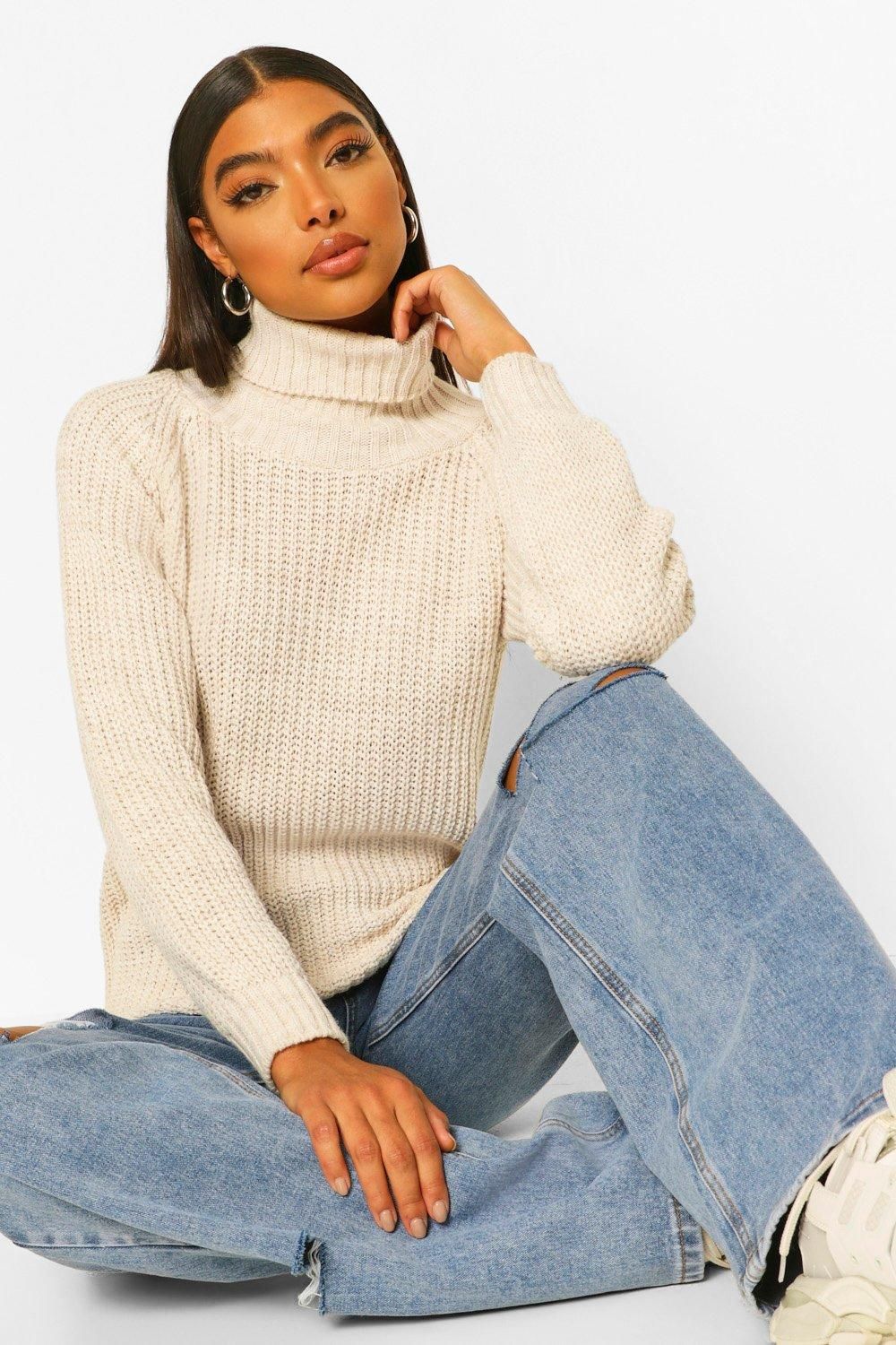 Womens Tall Turtleneck Chunky Knit Sweater - White - M/L | Boohoo.com (US & CA)