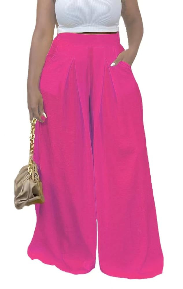 Flowy Pants for Women Casual High Waisted Wide Leg Palazzo Pants Trousers with Pocket Plus Size | Amazon (US)