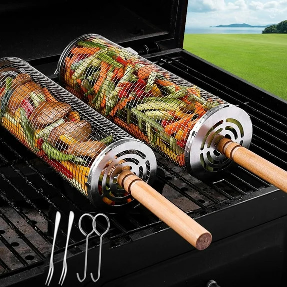 UU&T Rolling Grilling Basket, Nesting Grill Baskets 2 PCS Fitted with Wooden Handles Outdoor, BBQ... | Walmart (US)