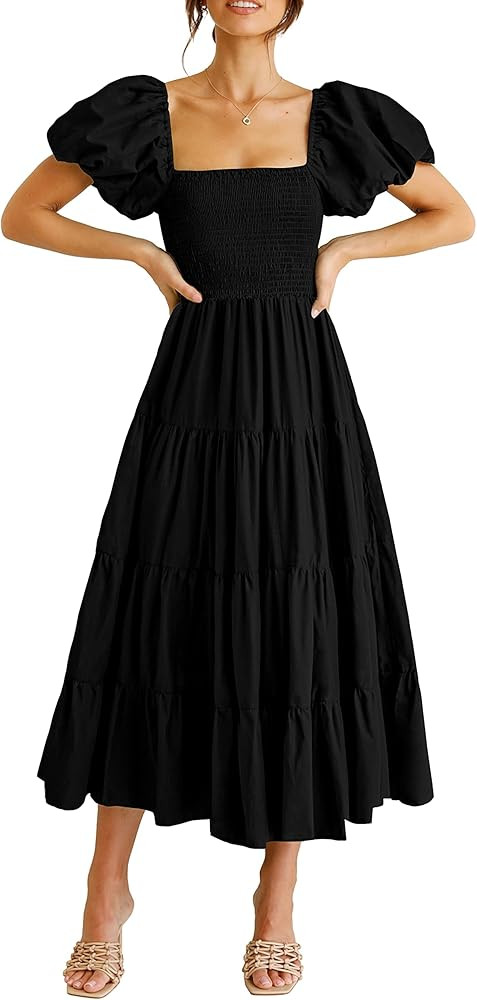 CFLONGE Women's 2024 Summer Casual Boho Beach Dress Square Neck Puff Sleeve High Waist Ruffle Flo... | Amazon (US)