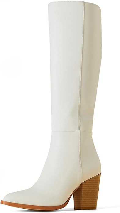 Putu Women's Knee High Boots Pointed Toe Tall Boots Stacked Chunky Heeled Boots with Zipper | Amazon (US)