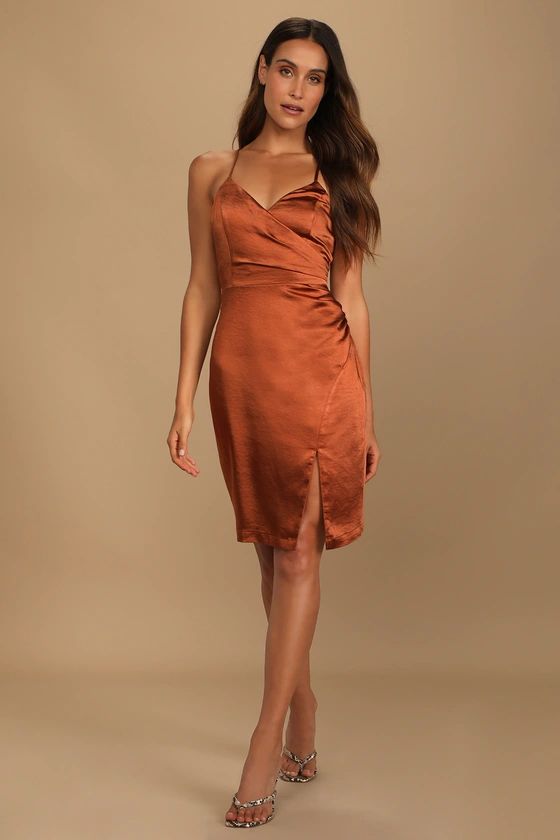 Hot Night Out Bronze Satin Surplice Faux-Wrap Dress | Lulus (US)