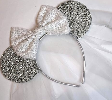 CLGIFT Bride Minnie Mouse Ears Headband, White Veil Bride Minnie Ears, Honeymoon Ears, Wedding Ea... | Amazon (US)