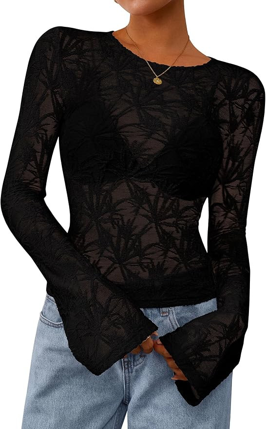 PRETTYGARDEN Women's See Through Sheer Lace Long Sleeve Tops | Amazon (US)
