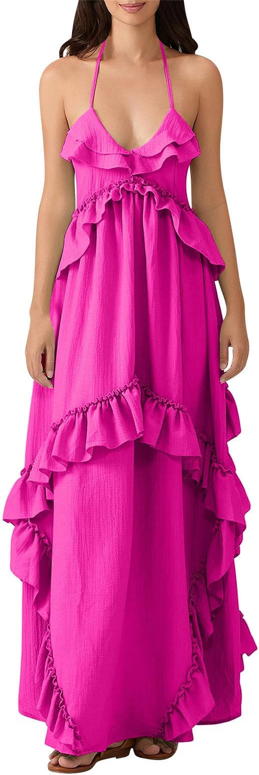 Sundresses for Women Casual Sleeveless Backless Spaghetti Strap Maxi Dress Casual Flowy Ruffle Ti... | Amazon (US)