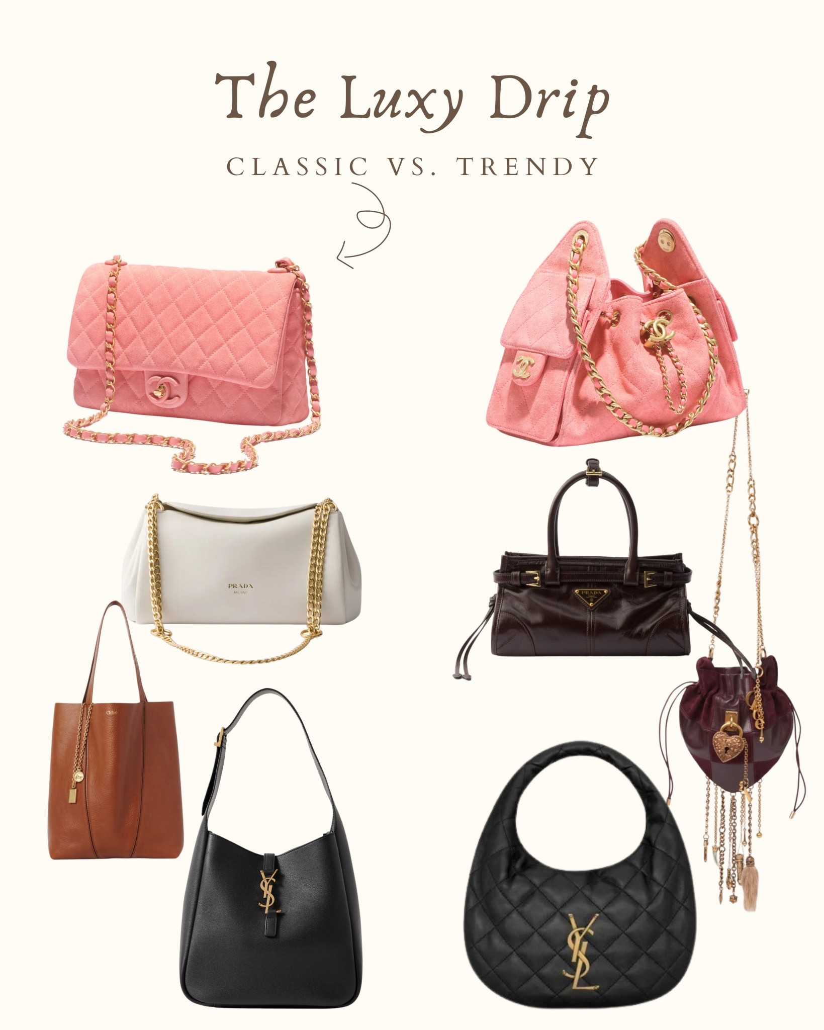 Trendy VS. classic handbags more on my blog.  #handbags #chanel #trendy #trending #ysl #prada #chloé 

#LTKHoliday #LTKGiftGuide #LTKootd