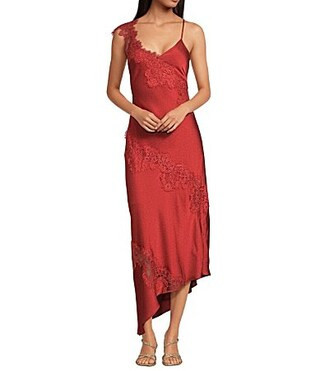 Gianni Bini Nora Satin Lace Detail Sleeveless Asymmetrical Hemline Slip Dress - 12 | Dillard's