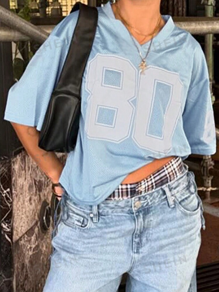 SHEIN EZwear Women's Numeric Print Short Sleeve Casual Hooded T-Shirt | SHEIN