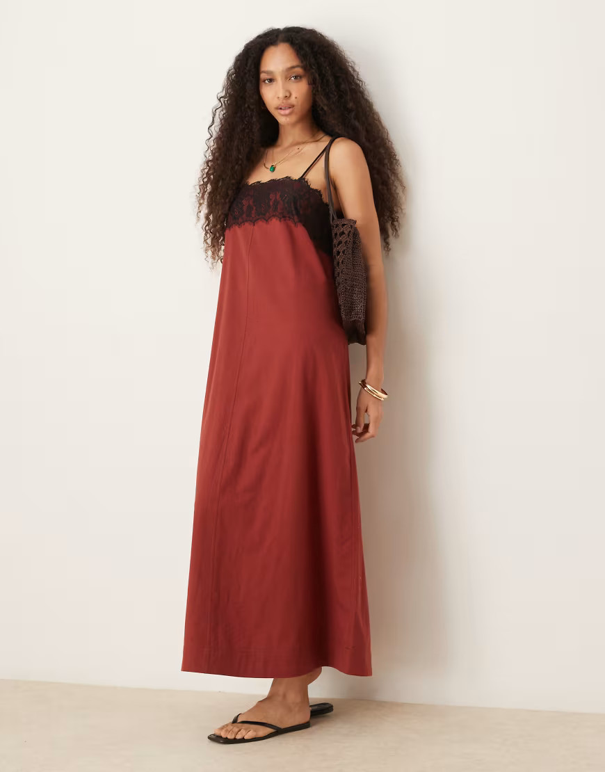 ASOS DESIGN Lace overlay midi cami dress in burgundy-Red | ASOS (Global)