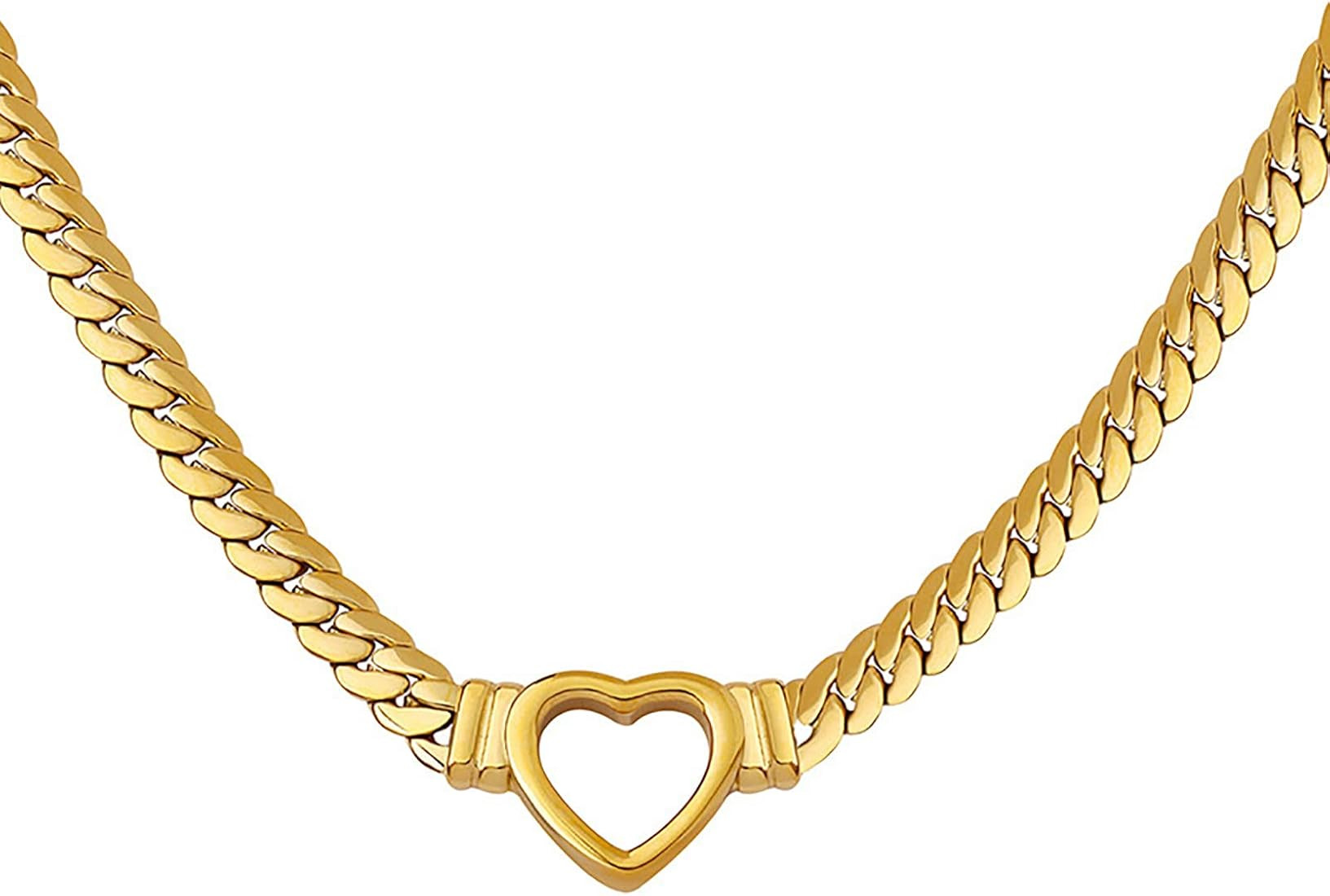 Loqimu Flat Cuban Link Chunky Chain Necklace Gold Stainless Steel Hollow Heart Charms Choker Clav... | Amazon (US)