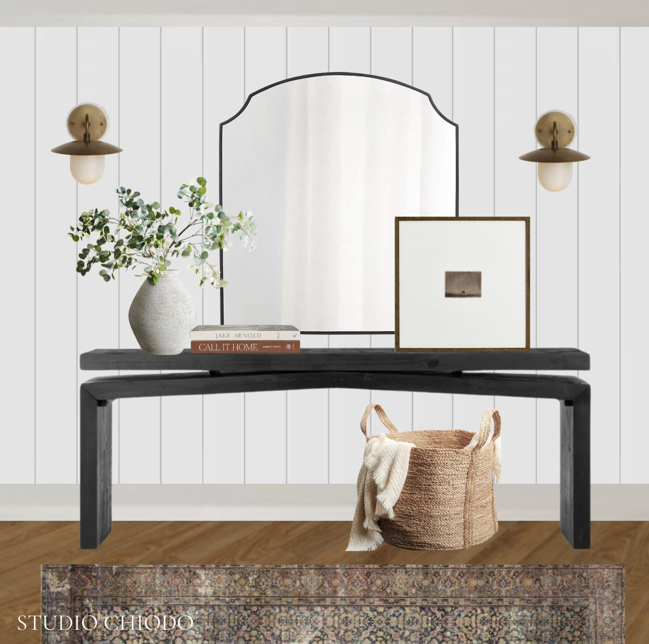 Entryway moment featuring a sleek black console table, vintage-inspired brass sconces, and textural elements. 

#entrywaydecor #coastalmodern #consolestyling #modernfarmhouse #neutraldecor #homedesign #entrywayinspo #moderntraditional #homedecor #vintagemodern 

 #LTKHome