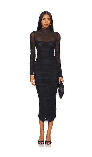 Trina Mesh Ruched Midi Dress in Black | Revolve Clothing (Global)