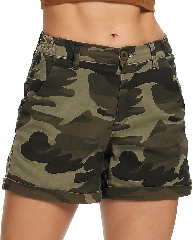 OCHENTA Women's Camo Shorts Dressy Casual with Pockets, Elastic Waist 4" Summer Cotton Utility Sh... | Amazon (US)