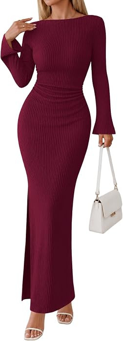 Womens Long Sleeve Bodycon Maxi Fall Dresses     Winter Boat Neck Bell Sleeve Fitted Sweater Dres... | Amazon (US)