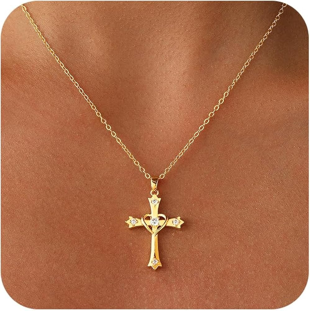 Cross Necklace for Women 14K Gold Plated Dainty Heart Cross Pendant Choker Simple Trendy Cute Cro... | Amazon (US)