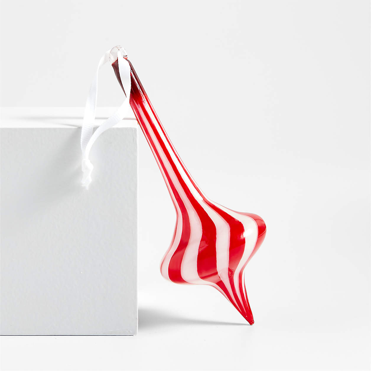 Hand-Blown Hand-Painted Red and White Striped Glass Finial Christmas Tree Ornament + Reviews | Cr... | Crate & Barrel