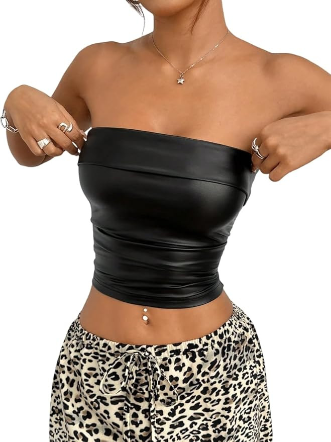 SOLY HUX Women's Faux Leather Crop Tube Top Strapless Sexy Going Out Bandeau Top Party Rave Conce... | Amazon (US)