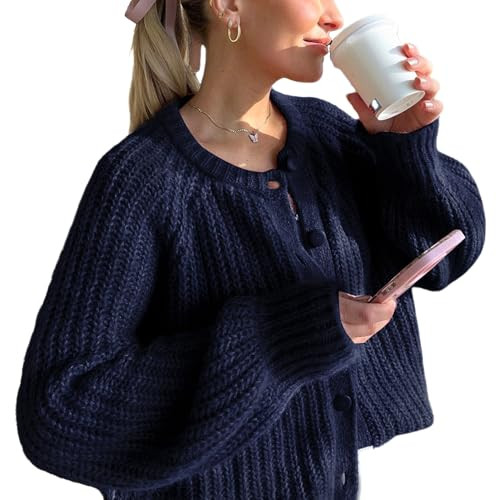 Wyeysyt Womens Cardigan Sweater Button Down Long Sleeve Chunky Soft Knit Sweater Fall Open Front Loose Casual Cardigan Coat(Navy-Large) | Amazon (US)