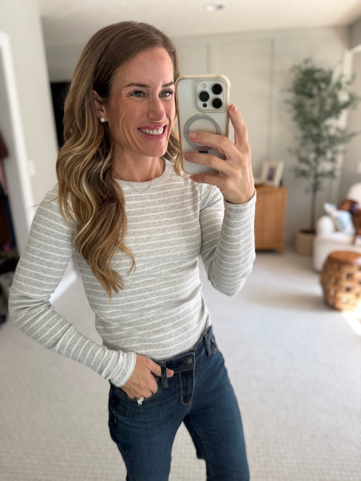 Quick fix: A simple stripe top paired with jeans keeps the look fresh. #LTKdayinmylife

#LTKdayinmylife