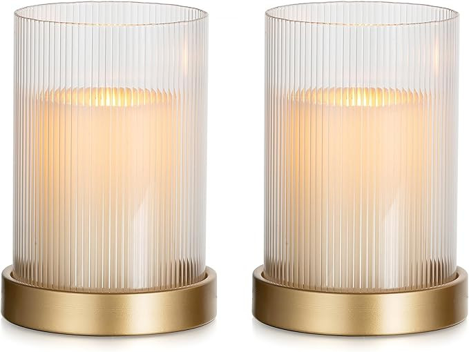 Glasseam Hurricane Glass Candle Holder: Gold Pillar Candle Holders Set of 2 Ribbed Glass Cylinder... | Amazon (US)