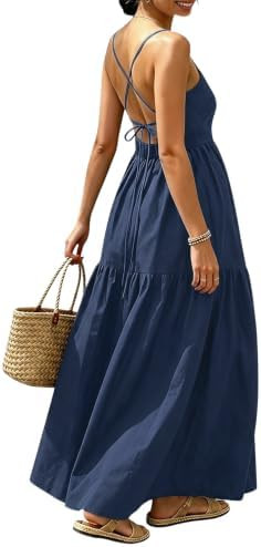 SHENHE Women's Backless Cami Dress Criss Cross Open Back Flowy Tiered Casual Long Summer Maxi Dre... | Amazon (US)
