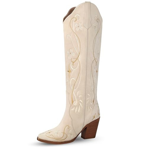 LeunDen Beige Cowboy Boots for Women, Knee High Cowgirl Boots with Pointed Toe, Chunky Heel, Floral Embroidery Western Boots Suede Tall Boots Size 8 | Amazon (US)