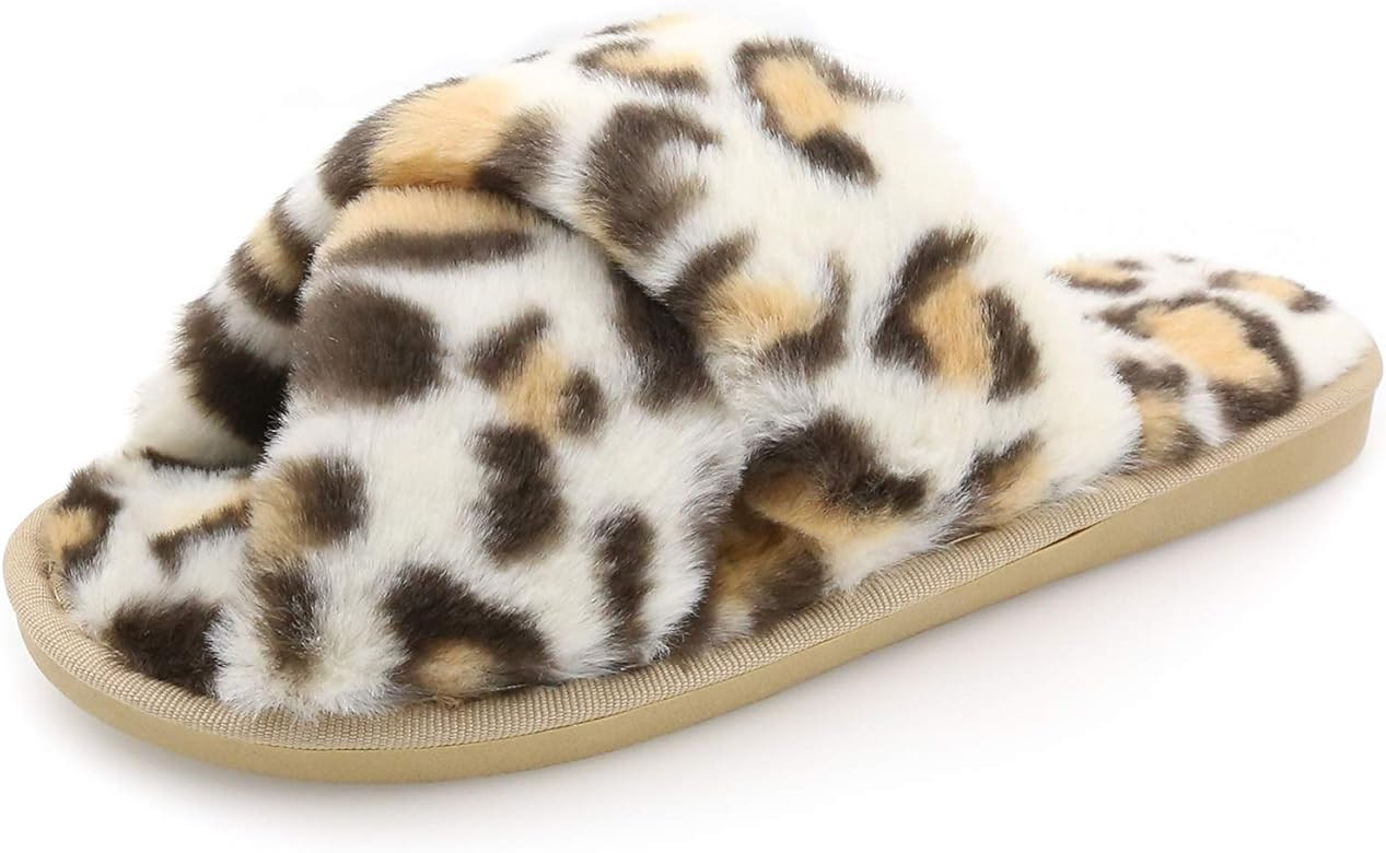 Womens Fuzzy Slippers Sandals Leopard Plush Open Toe Faux Fur Fluffy House Flats Slippers Cross B... | Amazon (US)