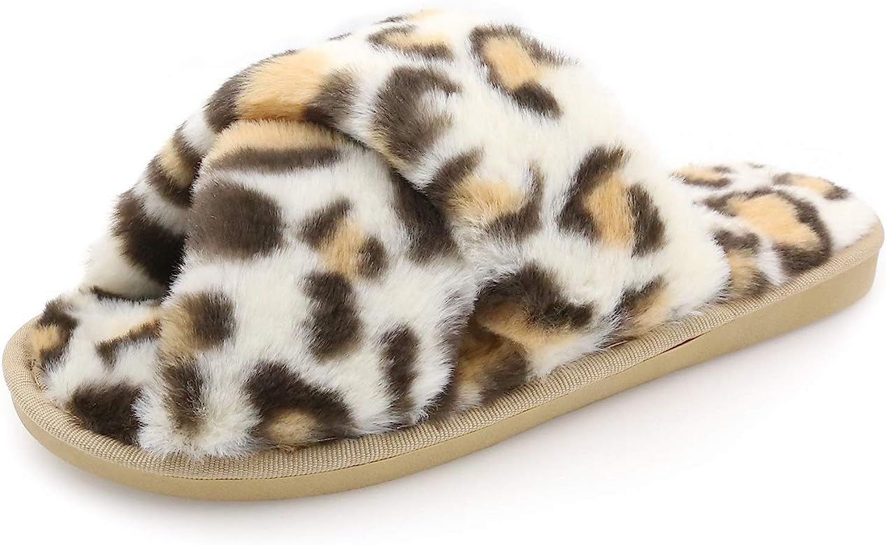 Womens Fuzzy Slippers Sandals Leopard Plush Open Toe Faux Fur Fluffy House Flats Slippers Cross B... | Amazon (US)