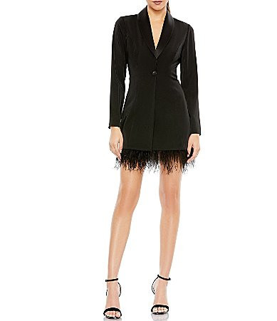 Mac Duggal Long Sleeve V-Neck Feather Hem Blazer Dress - 2 | Dillard's