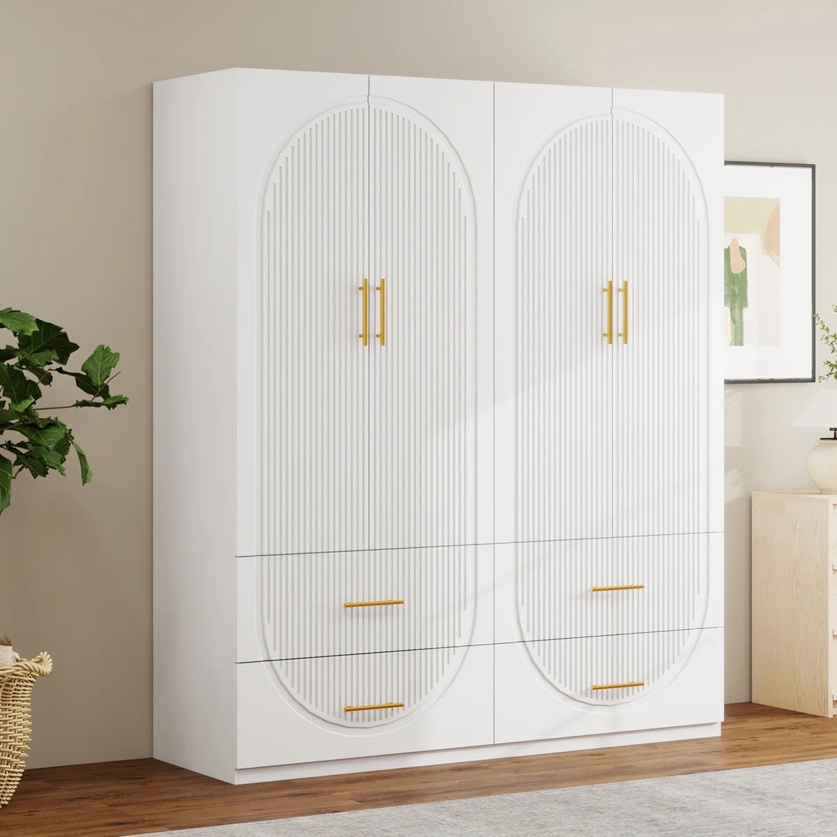 This modern white wardrobe from Wayfair is a stylish storage solution for bedrooms, guest rooms, and apartment spaces. Featuring spacious cabinet storage, four built-in drawers, fluted panel detailing, and elegant gold hardware, it combines function and designer-inspired style in one statement piece. Currently 43% off, making it a great time to maximize storage while keeping your space organized and beautiful.