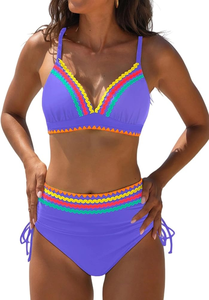 popvil High Waisted Bikini Sets for Women Tummy Control Swimsuits Neon Two Piece V Neck Drawstrin... | Amazon (US)