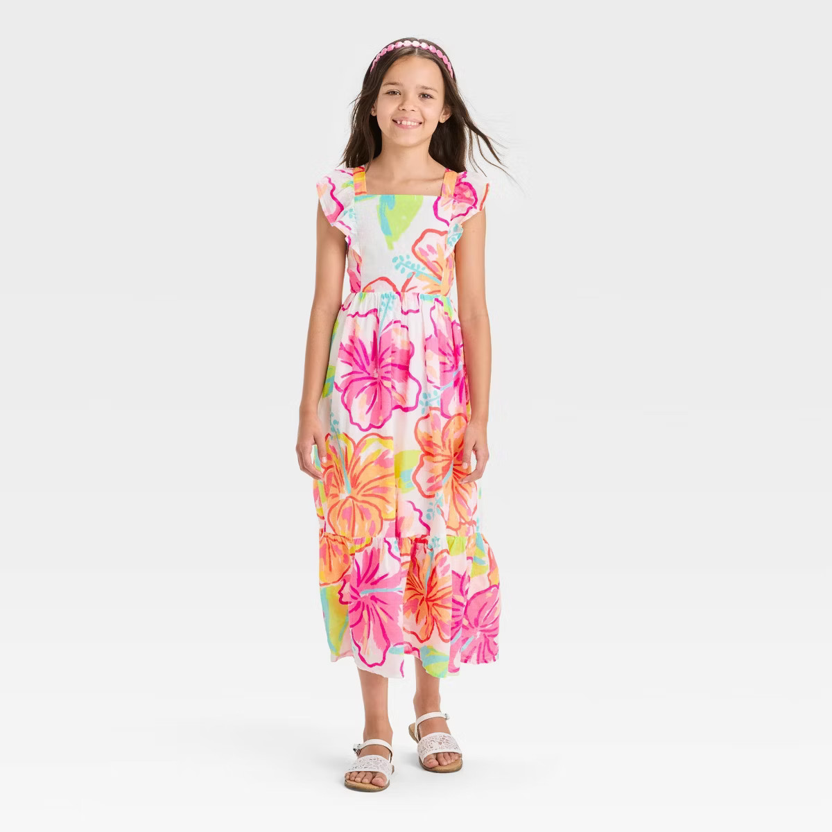 Girls' Sleeveless Striped Knit Midi Dress - Cat & Jack™ Cream/Yellow L: A-Line, Squareneck, Sid... | Target