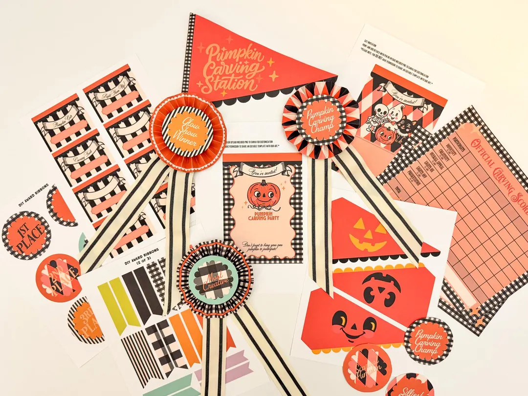 Pumpkin Carving Party Printable Set With DIY Award Ribbons and Pennant Flags and Invitations - Et... | Etsy (US)