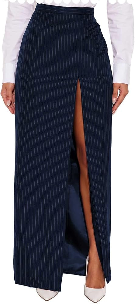 Women's Pinstripe Skirts Bodycon High Waist Pencil Maxi Skirt with Front Slit Business Casual Wor... | Amazon (US)