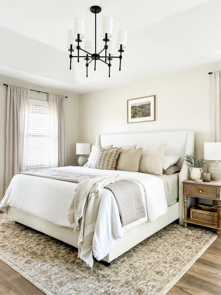 Neutral Bedroom inspo…. Love this bed so much, we have had for four years and it has held up amazing, color is linen talc. 

Bedding on major sale- this comforter is so comfortable and great quality! Ours is white. Quilt is Taupe! 

Bed, upholstered bed, bedroom, nightstand, bedding, neutral bedding, throw pillow,  comforter set, chandelier, woven blinds, woven shades, wall art, landscape art, table lamp, table decor, home decor, area rug , neutral area rug, amazon home, Amazon finds, target, target bedding 

#LTKxTarget #LTKhome #LTKsalealert