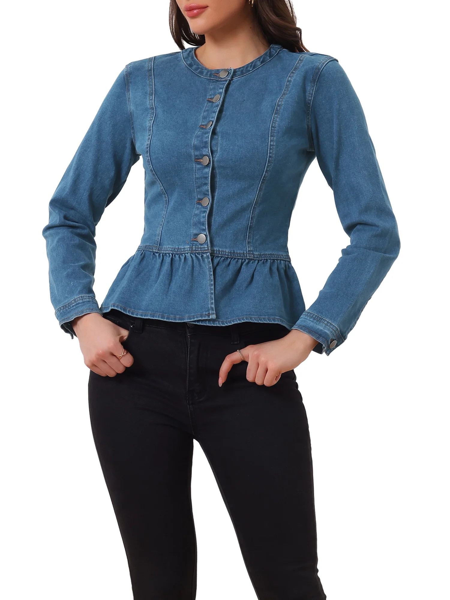 INSPIRE CHIC Women's Denim Jacket Button Down Peplum Hem Long Sleeves Cropped Washed Jean Jacket ... | Walmart (US)