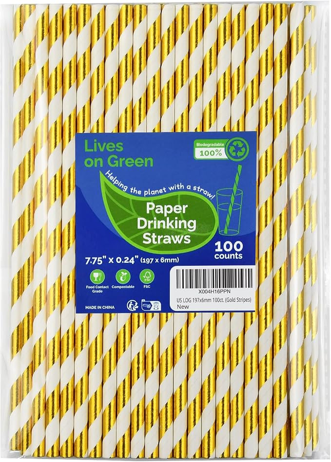 7.75 inch Gold/White Striped Paper Straws for Drinking 100 Counts for Bar, Restaurant, Wedding, P... | Amazon (US)