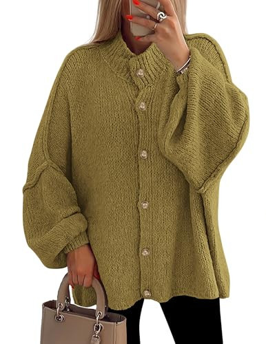 PRETTYGARDEN Women's Winter Button Down Cardigan Sweaters Mock Neck Lantern Long Sleeve Chunky Knit Jacket Trendy Outerwear (Olive Green,Medium) | Amazon (US)